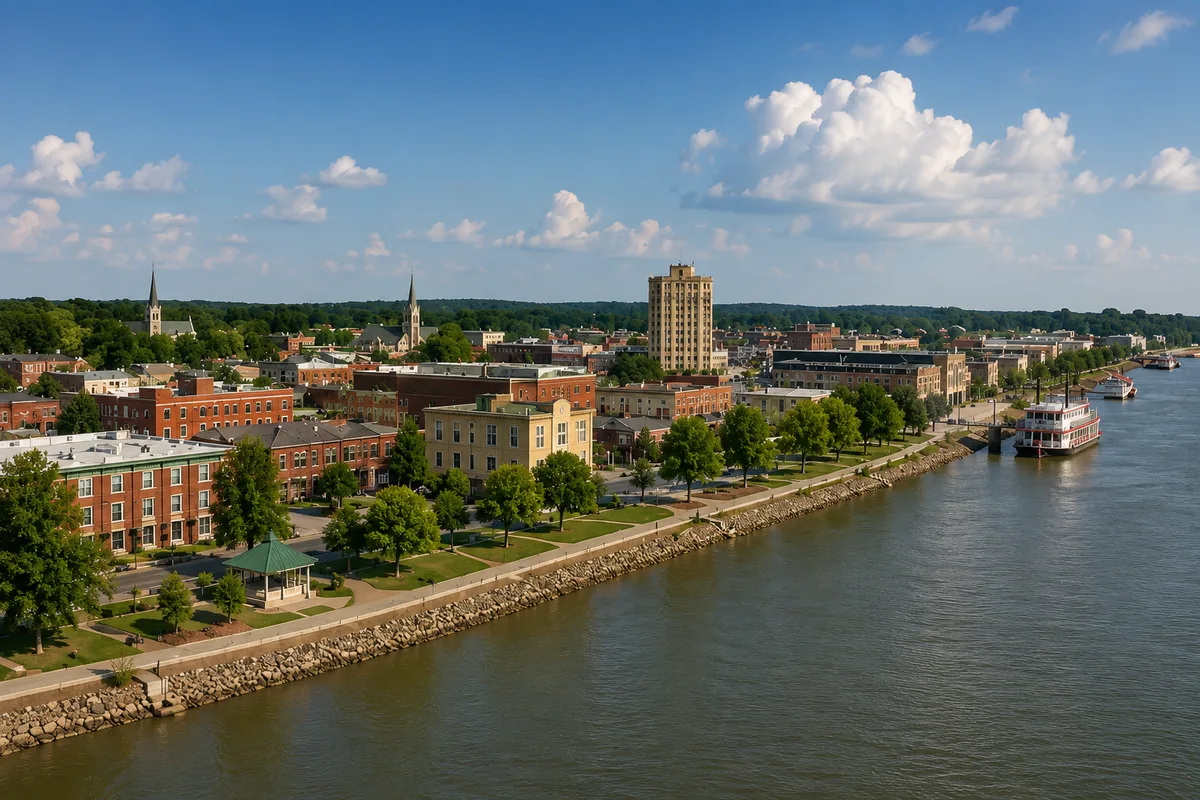 The Mississippi riverfront at Cape Girardeau, Missouri — downtown, the church spires, and the floodwall along the river, with a riverboat at the landing
