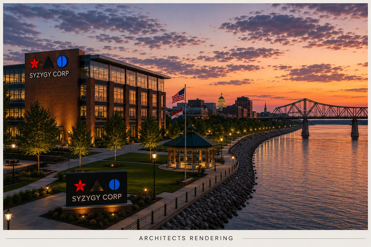 Architect's rendering of the planned Syzygy Corp regional service center on the Cape Girardeau riverfront at sunset, the building carrying the Syzygy logo, the river and bridge beyond