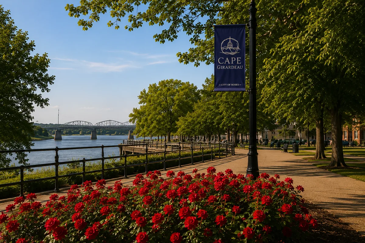 The rose-lined riverfront promenade at Cape Girardeau, a Cape Girardeau city banner on a lamppost, the river and highway bridge beyond