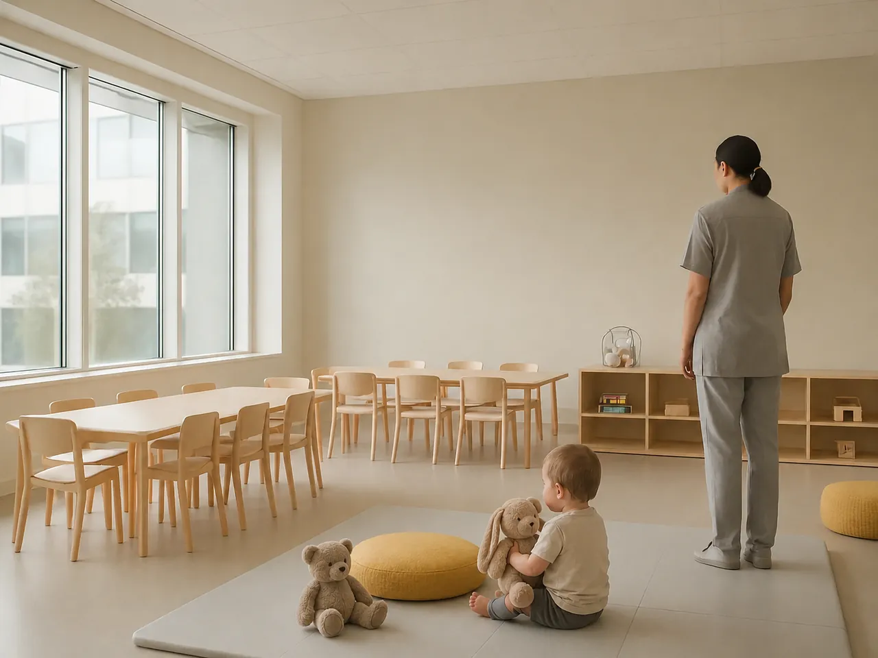 A bright, orderly onsite child-care room in a modern corporate building, soft daylight