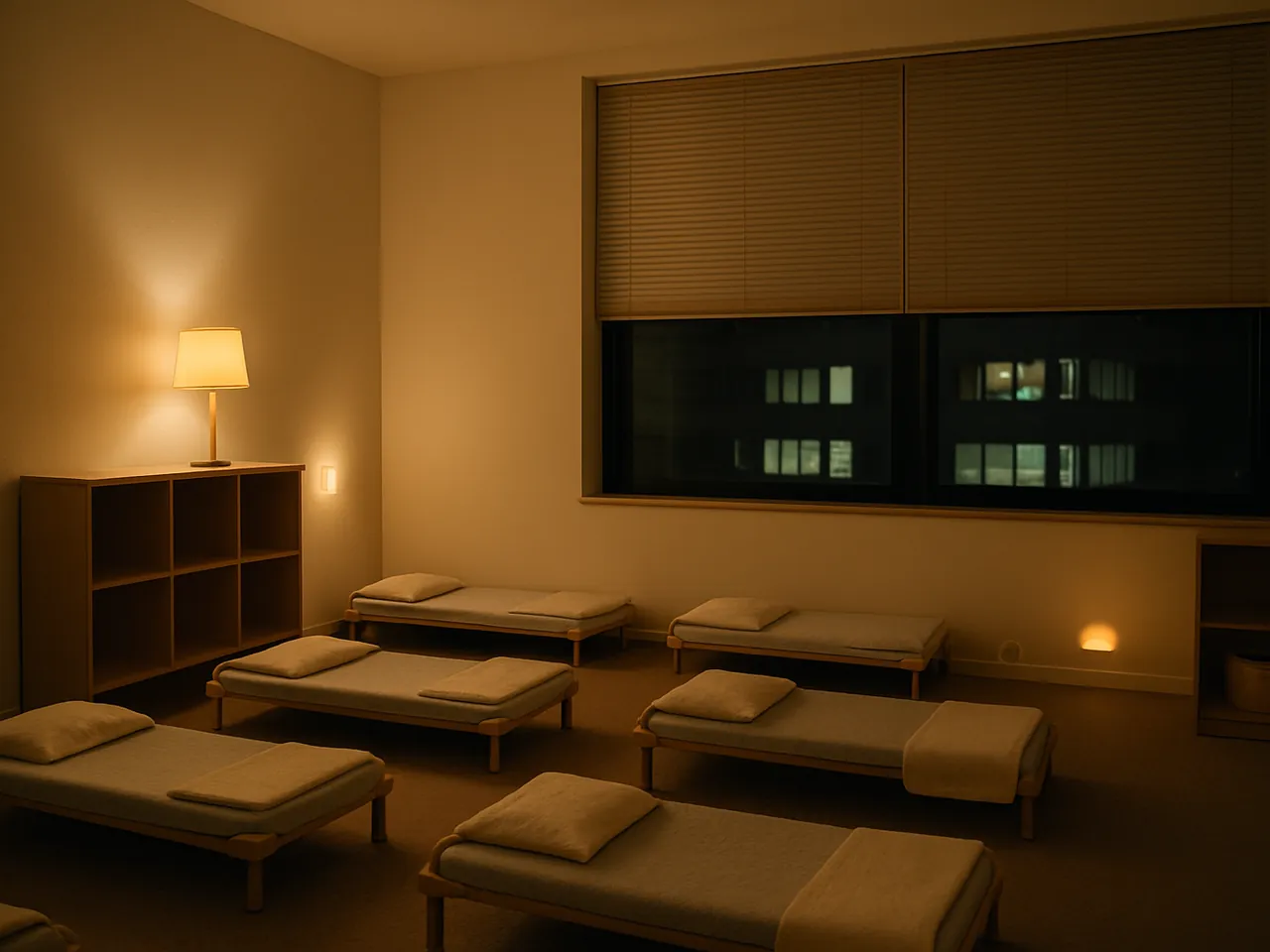 The same care room at night under low lamplight, small cots in a row, blinds drawn