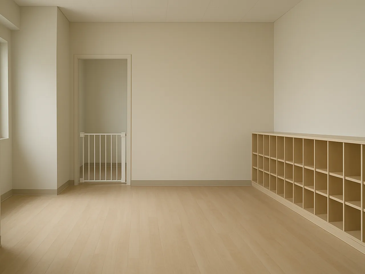 A freshly fitted care room, clean lines, a single low gate and one clear sightline